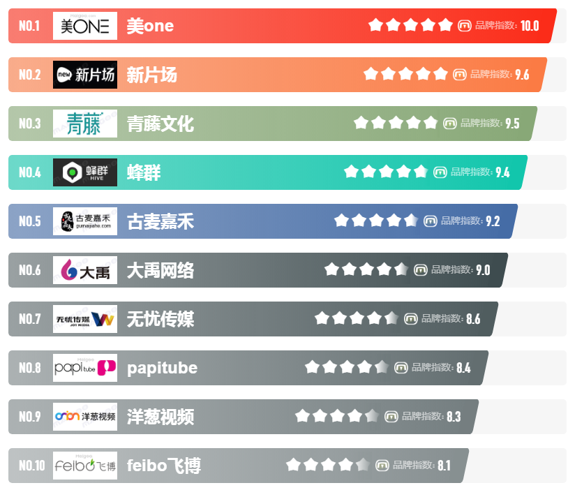 十大mcn機(jī)構(gòu)排行榜,是由CN10/CNPP品牌數(shù)據(jù)部門通過收集整理